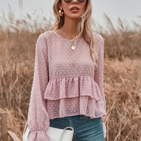 Tops - pink swiss dot ruffle babydoll long sleeve top